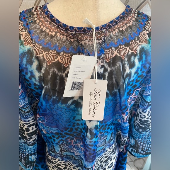 NWT True Colours by La Moda Blue Cat Maxi Swim Cover Up Caftan Dress One SZ - Picture 9 of 10